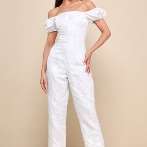 Lulus Redefined Class White Floral Jacquard Off-the-shoulder Jumpsuit - Size L
